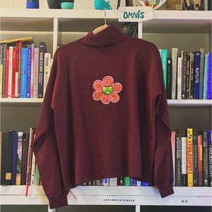 dark purple red oversized crew neck cute frog flower embroidery art